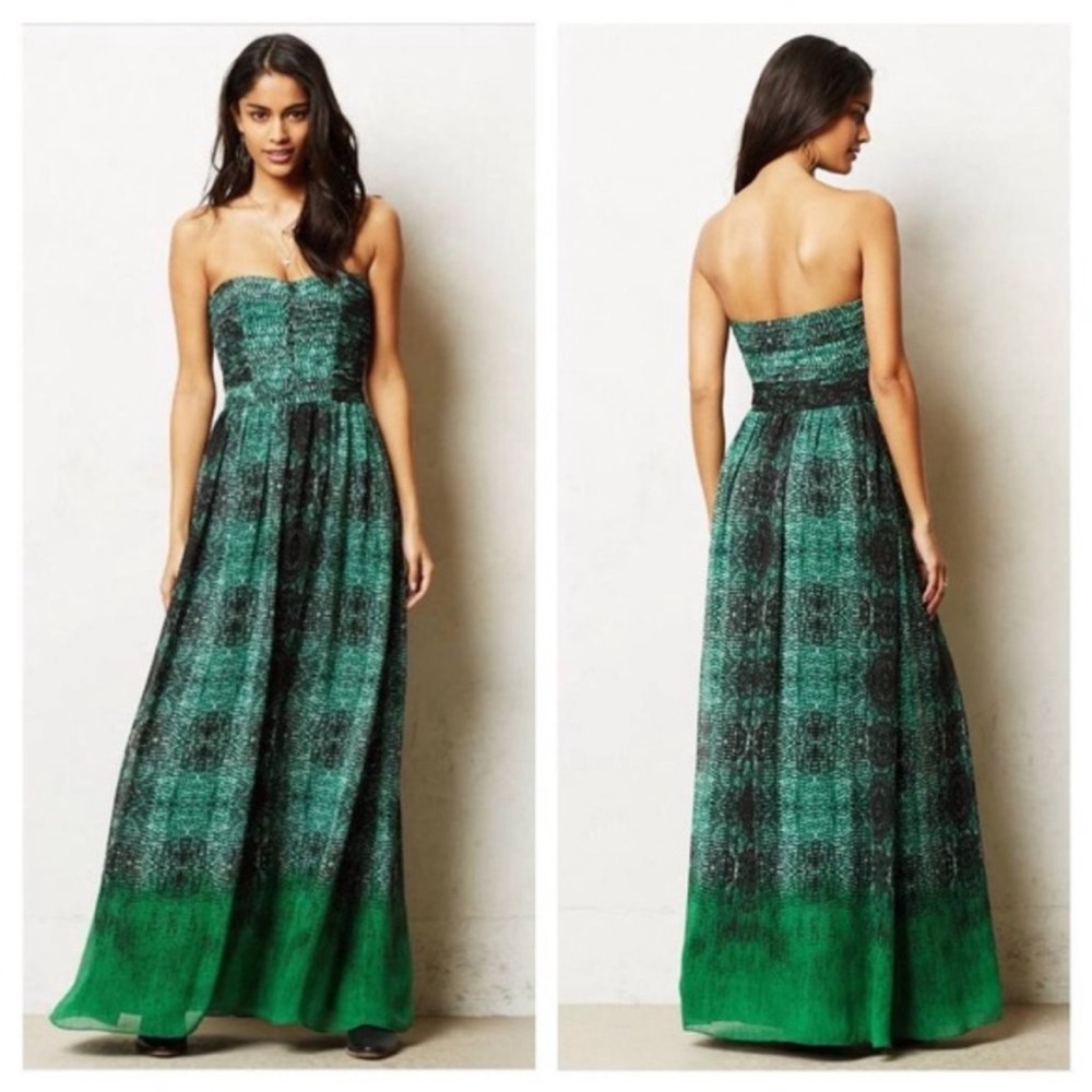 Anthropologie Moulinette Soeurs Vernalis green maxi dress strapless snakeskin 4P - Picture 2 of 16